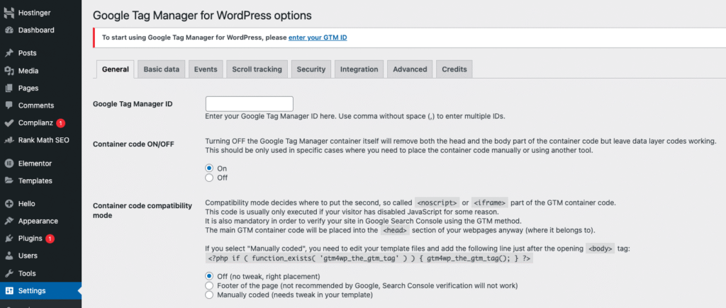 Google Tag Manager WordPress Options banner