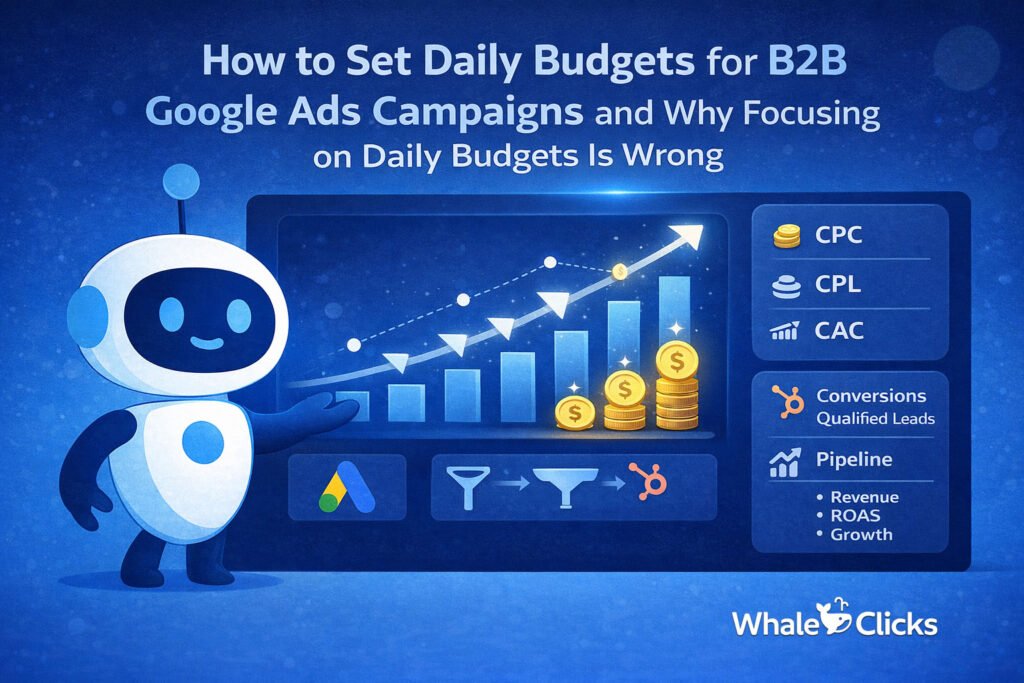 Illustration explaining how to set daily budgets for B2B Google Ads, highlighting key metrics like CPC, CPL, CAC, and their impact on pipeline and revenue