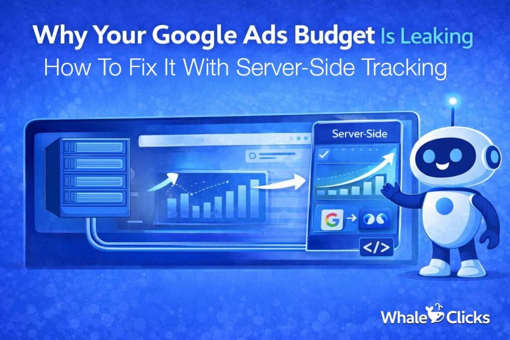 Illustration showing Google Ads budget loss and how server-side tracking improves performance with direct data flow to analytics platforms.