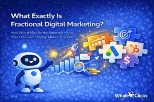 Illustration explaining fractional digital marketing with icons for analytics, Google Ads, CRM, and growth strategy connected in a unified system