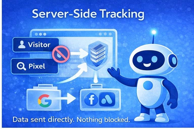 Diagram showing server-side tracking where visitor data is sent directly to a server instead of browser pixels, integrating with Google, Facebook, and ad platforms