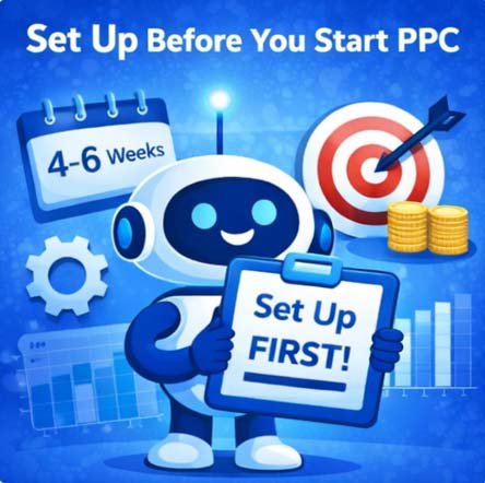 Illustration showing server-side tracking setup before starting PPC campaigns with analytics charts and target icon