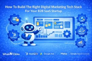 Robot presenting a connected digital marketing tech stack for a B2B SaaS startup including analytics dashboards and growth metrics
