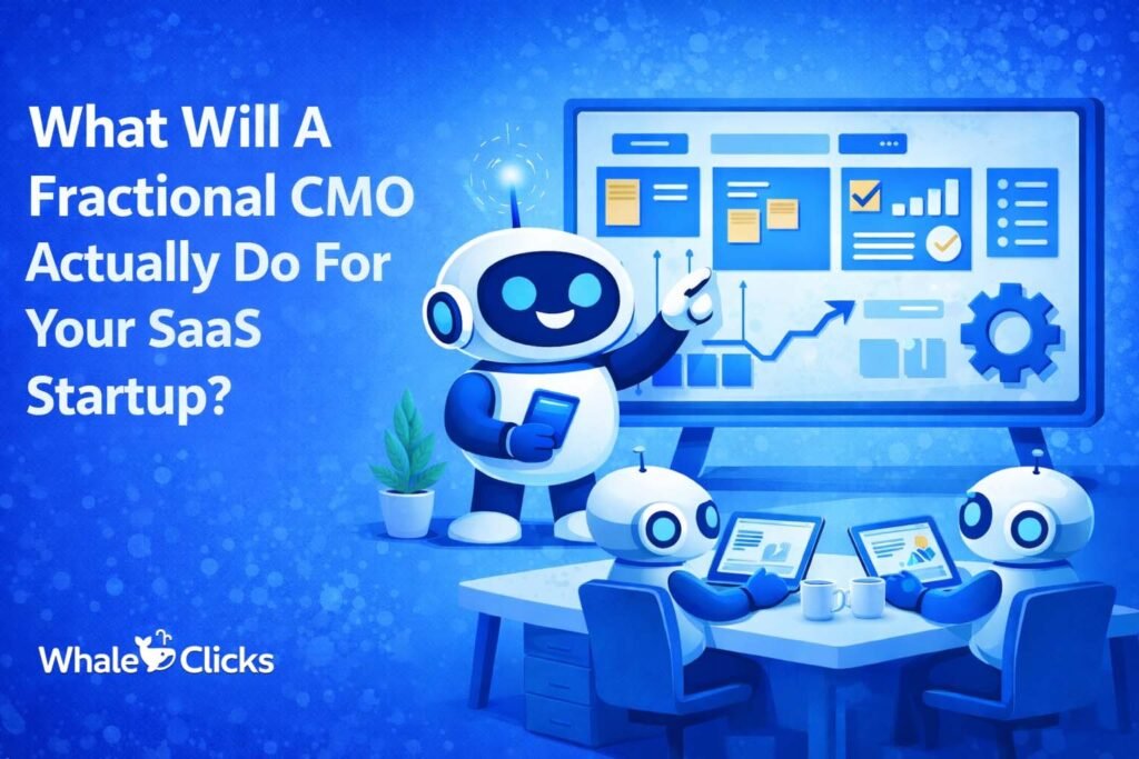 Robot presenting SaaS marketing dashboard illustrating how a fractional CMO helps startups build growth strategies