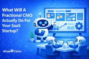 Robot presenting SaaS marketing dashboard illustrating how a fractional CMO helps startups build growth strategies