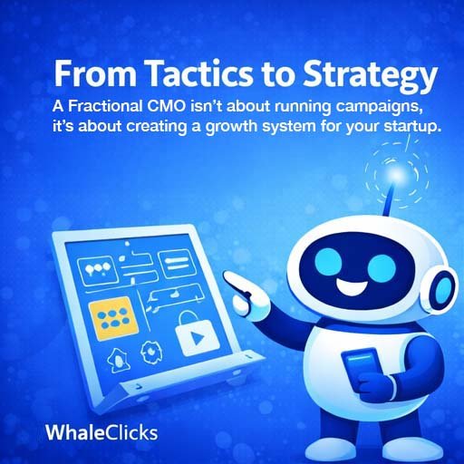 Robot presenting SaaS marketing strategy dashboard showing how a fractional CMO turns tactics into a scalable growth system