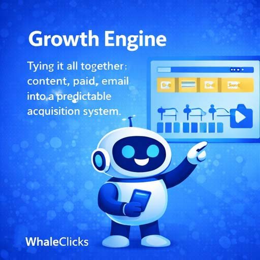 Robot presenting SaaS growth dashboard illustrating how a fractional CMO builds a predictable growth engine for startups