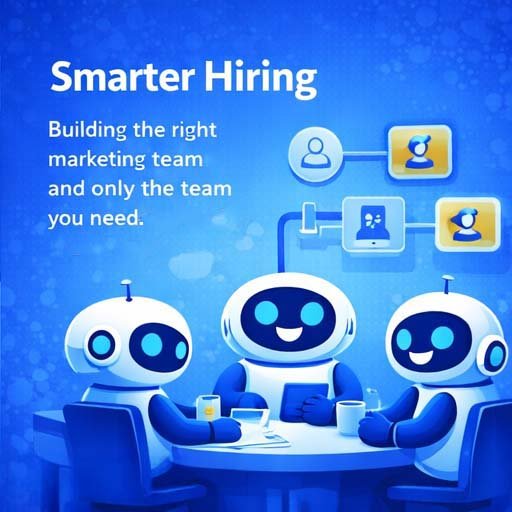 Robot team planning marketing hires illustrating how a fractional CMO helps SaaS startups build the right marketing team