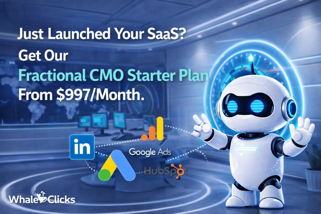Fractional CMO starter plan for B2B SaaS from $997 per month with WhaleClicks, featuring marketing channels like Google Ads, LinkedIn, and HubSpot.