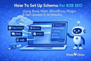 Robot illustrating schema markup setup for B2B SEO using Rank Math on WordPress to improve visibility and AI search results
