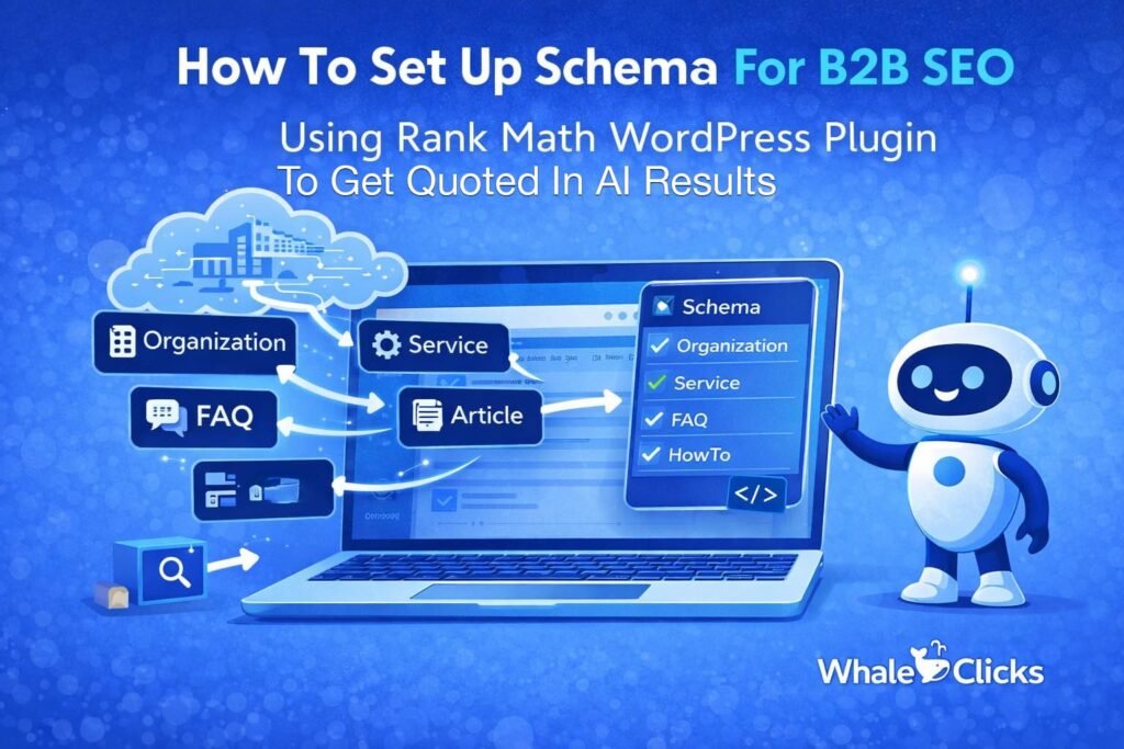 Robot illustrating schema markup setup for B2B SEO using Rank Math on WordPress to improve visibility and AI search results