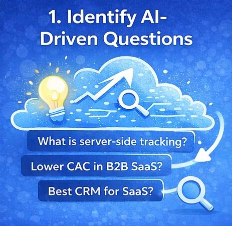 Robot analyzing AI-driven buyer questions for B2B SEO strategy using schema markup and Rank Math