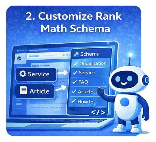 Robot customizing schema settings in Rank Math on WordPress to improve B2B SEO and structured data accuracy