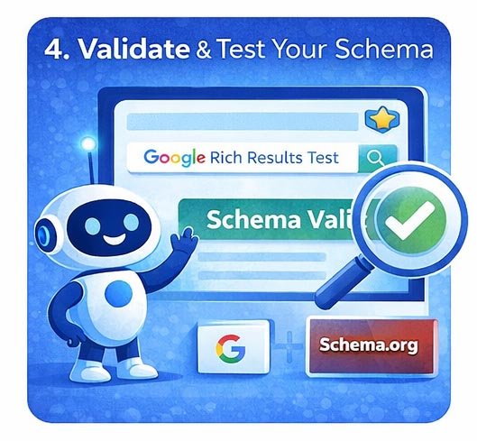 Robot validating schema markup using tools to ensure correct structured data for B2B SEO