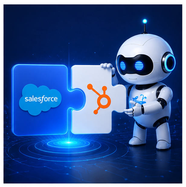 WhaleClicks robot connecting Salesforce and HubSpot integration puzzle pieces for B2B SaaS growth