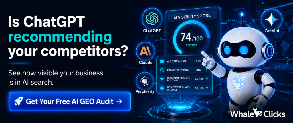 Futuristic WhaleClicks AI GEO Audit banner featuring a glowing robot mascot, AI visibility score dashboard, and the headline “Is ChatGPT recommending your competitors?” with a call-to-action button for a free AI GEO Audit.