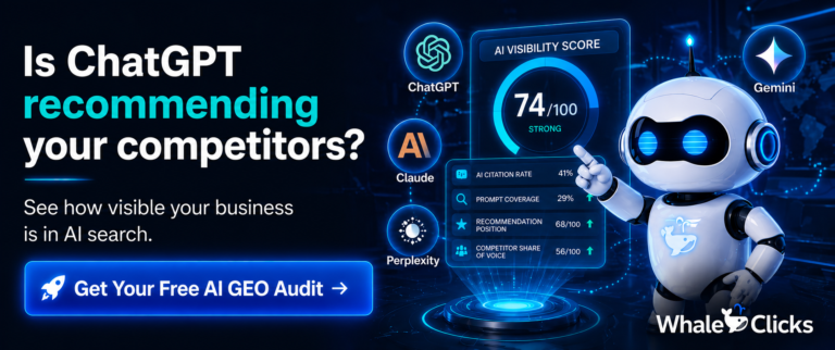 Futuristic WhaleClicks AI GEO Audit banner featuring a glowing robot mascot, AI visibility score dashboard, and the headline “Is ChatGPT recommending your competitors?” with a call-to-action button for a free AI GEO Audit.