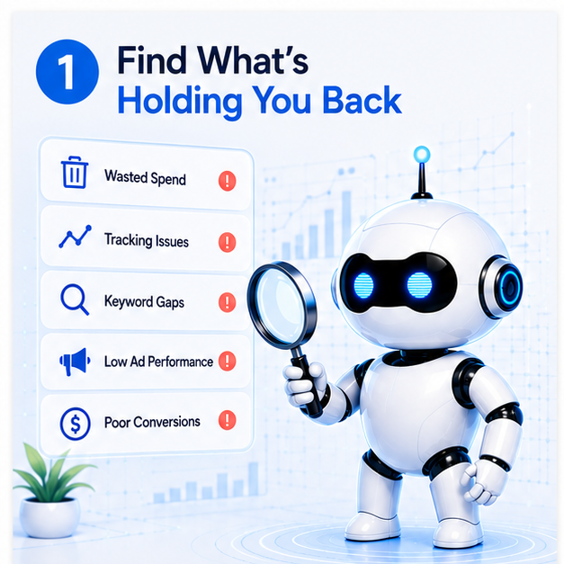 Google Ads audit identifying wasted ad spend, tracking issues, keyword gaps, low ad performance, and poor conversion rates.