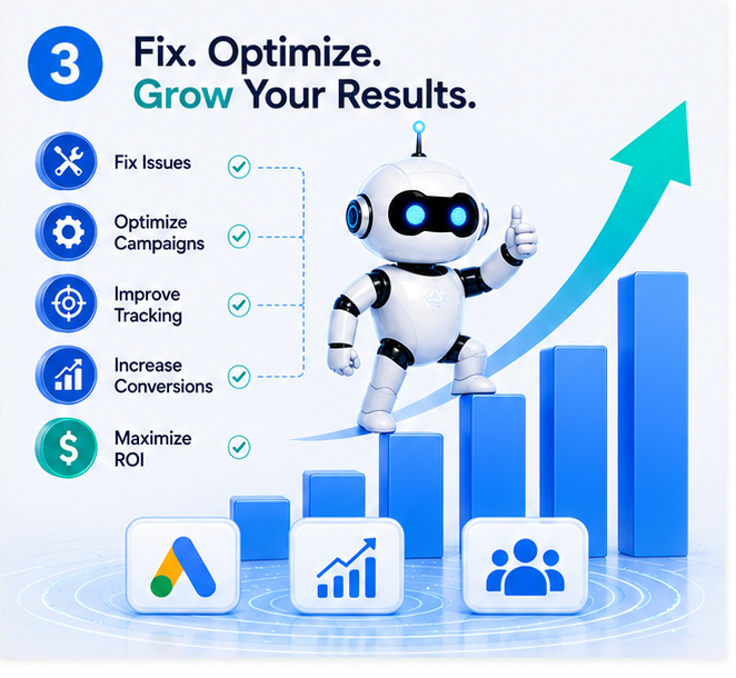 Google Ads optimization illustration showing campaign improvements, better conversion tracking, increased ROI, higher lead generation, and business growth.