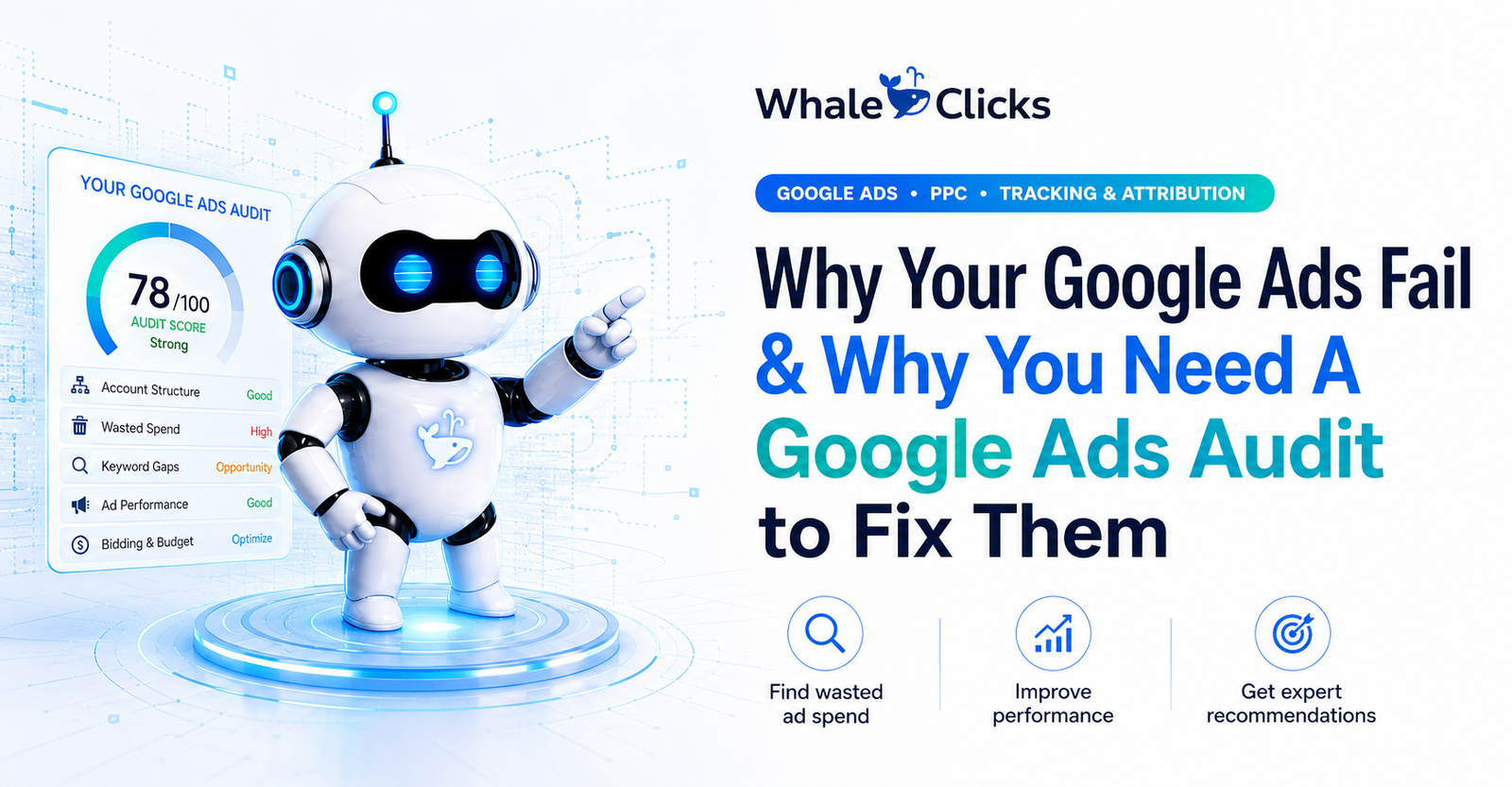 WhaleClicks Google Ads audit hero image showing why Google Ads campaigns fail and how an audit can uncover wasted spend, tracking issues, and optimization opportunities.